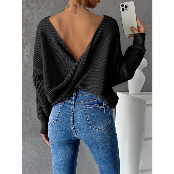 Minimalist Twist Back Drop Shoulder Boat Neck Sweater backless - Picture 1 of 11